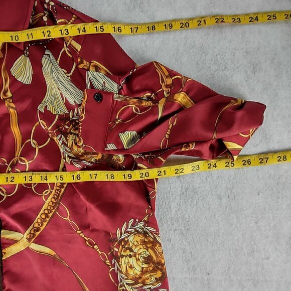Boohoo Red Gold Chain Tassel Print Satin Button Down Blouse Womens Size 12 - Picture 8 of 12